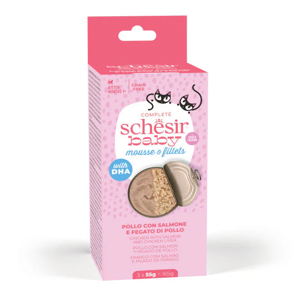 Schesir Baby Pollo, Salmone e Fegato di Pollo Mousse e Filetti 3x55 g Schesir Baby Pollo, Salmone e Fegato di Pollo Mousse e Filetti 3x55 g